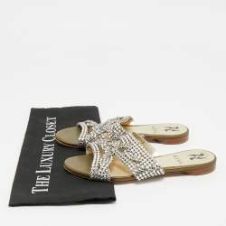 Pre Owned Gina Silver Crystal Embellished Leather Flat Slides Size 36