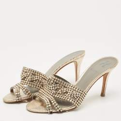 Pre Owned Gina Gold Croc Embossed Leather Crystals Embellished Slide Sandals Size 37