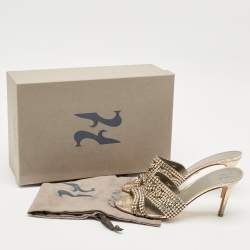 Pre Owned Gina Gold Croc Embossed Leather Crystals Embellished Slide Sandals Size 37