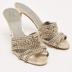 Pre Owned Gina Gold Croc Embossed Leather Crystals Embellished Slide Sandals Size 37