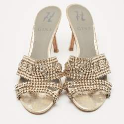 Pre Owned Gina Gold Croc Embossed Leather Crystals Embellished Slide Sandals Size 37