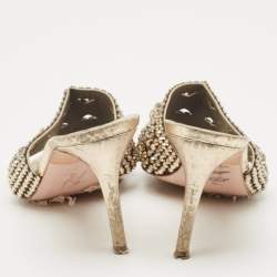 Pre Owned Gina Gold Croc Embossed Leather Crystals Embellished Slide Sandals Size 37