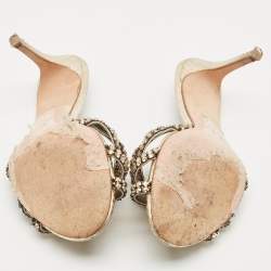 Pre Owned Gina Gold Croc Embossed Leather Crystals Embellished Slide Sandals Size 37