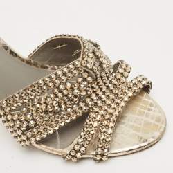 Pre Owned Gina Gold Croc Embossed Leather Crystals Embellished Slide Sandals Size 37