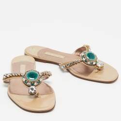 Pre Owned Gina Beige Patent Crystal Embellished Thong Slide Sandals Size 41