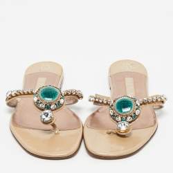 Pre Owned Gina Beige Patent Crystal Embellished Thong Slide Sandals Size 41