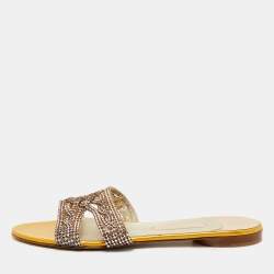 Pre Owned Gina Yellow Leather Crystal Embellished Leather Flat Slides Size 41