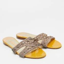 Pre Owned Gina Yellow Leather Crystal Embellished Leather Flat Slides Size 41