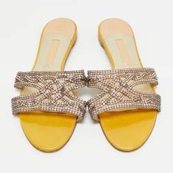 Pre Owned Gina Yellow Leather Crystal Embellished Leather Flat Slides Size 41