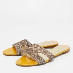 Pre Owned Gina Yellow Leather Crystal Embellished Leather Flat Slides Size 41