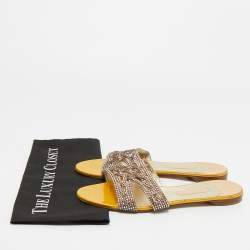 Pre Owned Gina Yellow Leather Crystal Embellished Leather Flat Slides Size 41
