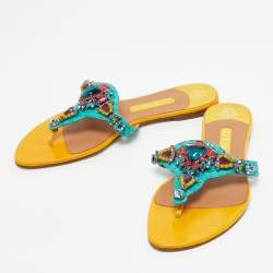 Pre Owned Gina Yellow/Green Patent Leather and Snakeskin Crystals Embellished Thong Flats Size 40.5