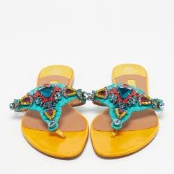 Pre Owned Gina Yellow/Green Patent Leather and Snakeskin Crystals Embellished Thong Flats Size 40.5