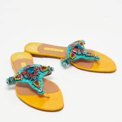 Pre Owned Gina Yellow/Green Patent Leather and Snakeskin Crystals Embellished Thong Flats Size 40.5