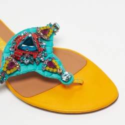 Pre Owned Gina Yellow/Green Patent Leather and Snakeskin Crystals Embellished Thong Flats Size 40.5