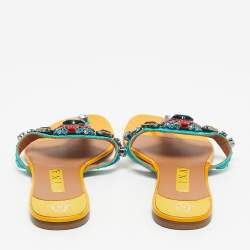 Pre Owned Gina Yellow/Green Patent Leather and Snakeskin Crystals Embellished Thong Flats Size 40.5