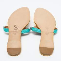 Pre Owned Gina Yellow/Green Patent Leather and Snakeskin Crystals Embellished Thong Flats Size 40.5