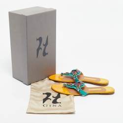 Pre Owned Gina Yellow/Green Patent Leather and Snakeskin Crystals Embellished Thong Flats Size 40.5