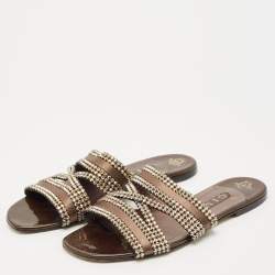 Pre Owned Gina Brown Leather Crystal Embellished Flat Slides Size 41