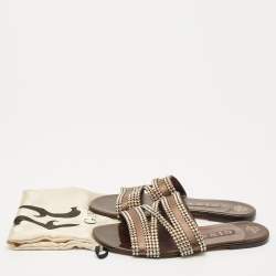 Pre Owned Gina Brown Leather Crystal Embellished Flat Slides Size 41