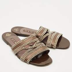 Pre Owned Gina Brown Leather Crystal Embellished Flat Slides Size 41