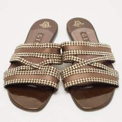 Pre Owned Gina Brown Leather Crystal Embellished Flat Slides Size 41