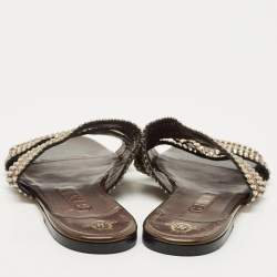 Pre Owned Gina Brown Leather Crystal Embellished Flat Slides Size 41