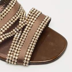 Pre Owned Gina Brown Leather Crystal Embellished Flat Slides Size 41