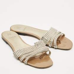 Pre Owned Gina Gold Leather Crystal Embellished Loren Flat Slides Size 41