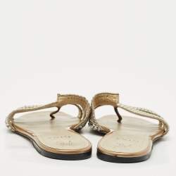 Pre Owned Gina Gold Leather Crystal Embellished Loren Flat Slides Size 41