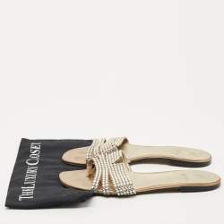 Pre Owned Gina Gold Leather Crystal Embellished Loren Flat Slides Size 41