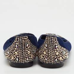 Pre Owned Gina Navy Blue Velvet Crystal Embellished Ballet Flats Size 39