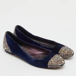 Pre Owned Gina Navy Blue Velvet Crystal Embellished Ballet Flats Size 39