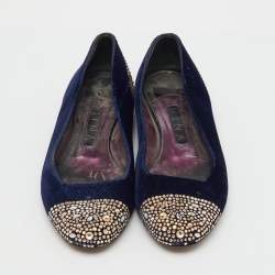 Pre Owned Gina Navy Blue Velvet Crystal Embellished Ballet Flats Size 39