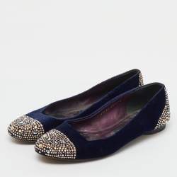 Pre Owned Gina Navy Blue Velvet Crystal Embellished Ballet Flats Size 39