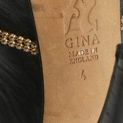 Pre Owned Gina Black Leather Crystal Embellished Slingback Pumps Size 37
