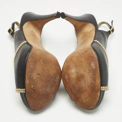 Pre Owned Gina Black Leather Crystal Embellished Slingback Pumps Size 37