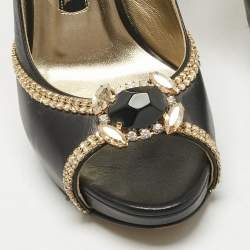 Pre Owned Gina Black Leather Crystal Embellished Slingback Pumps Size 37