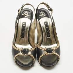 Pre Owned Gina Black Leather Crystal Embellished Slingback Pumps Size 37