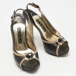 Pre Owned Gina Black Leather Crystal Embellished Slingback Pumps Size 37