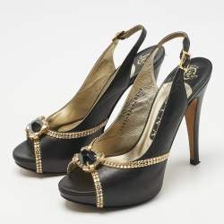 Pre Owned Gina Black Leather Crystal Embellished Slingback Pumps Size 37