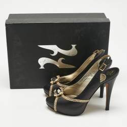 Pre Owned Gina Black Leather Crystal Embellished Slingback Pumps Size 37