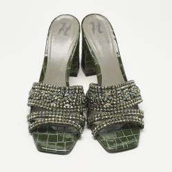 Pre Owned Gina Green Croc Embossed Patent Leather Crystals Embellished Slide Sandals Size 38.5