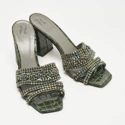 Pre Owned Gina Green Croc Embossed Patent Leather Crystals Embellished Slide Sandals Size 38.5
