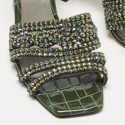 Pre Owned Gina Green Croc Embossed Patent Leather Crystals Embellished Slide Sandals Size 38.5