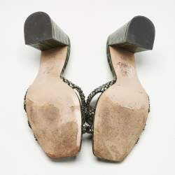 Pre Owned Gina Green Croc Embossed Patent Leather Crystals Embellished Slide Sandals Size 38.5