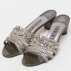 Pre Owned Gina Grey Leather Galaxy Crystals Slide Sandals Size 38