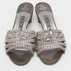 Pre Owned Gina Grey Leather Galaxy Crystals Slide Sandals Size 38