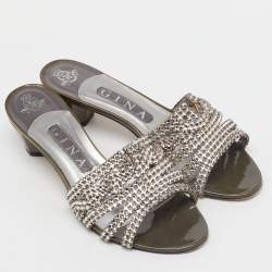 Pre Owned Gina Grey Leather Galaxy Crystals Slide Sandals Size 38