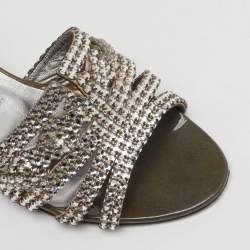 Pre Owned Gina Grey Leather Galaxy Crystals Slide Sandals Size 38